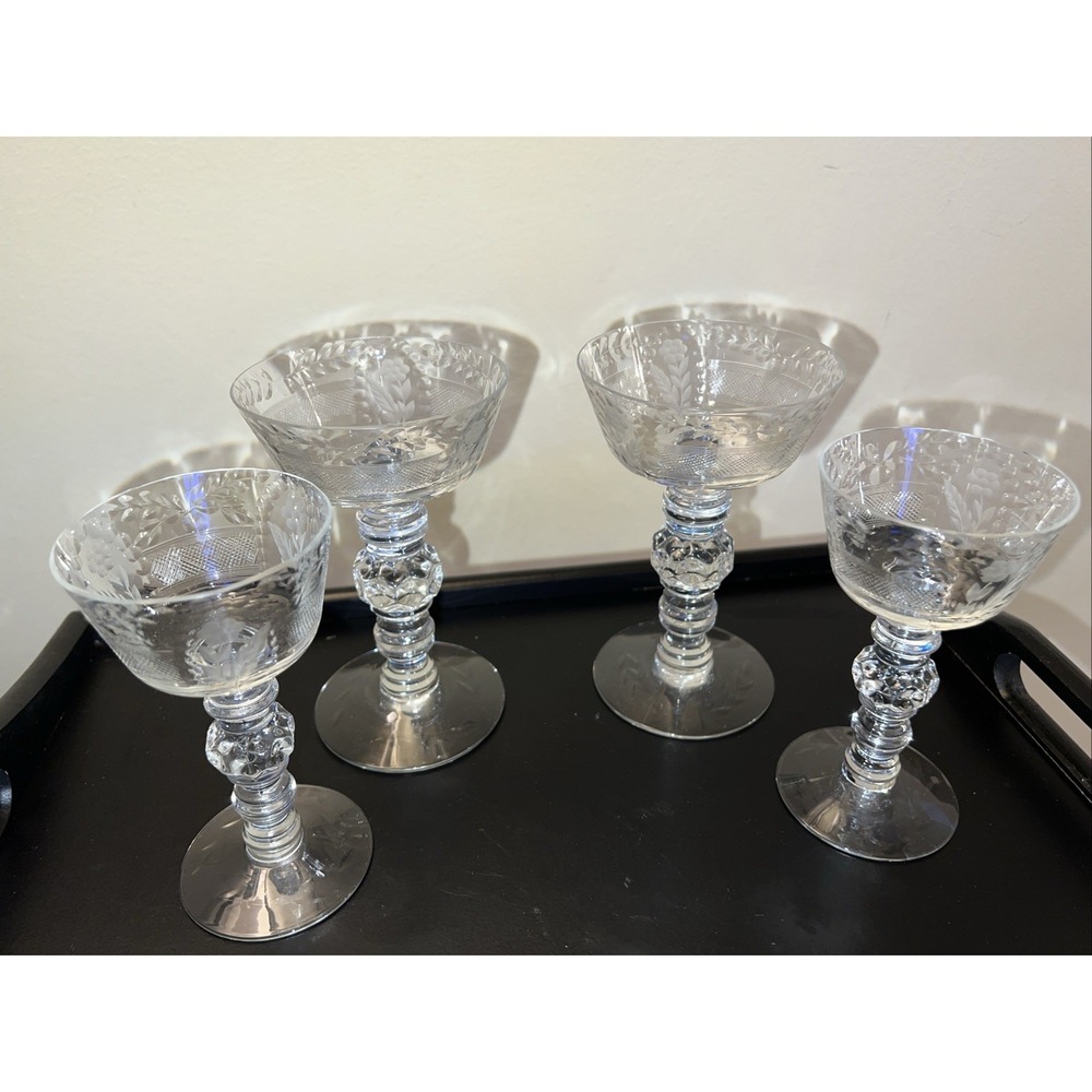 2 Pair Vintage Heisey Handblown Etched Champagne/Sherbet Glasses 1940's HTF